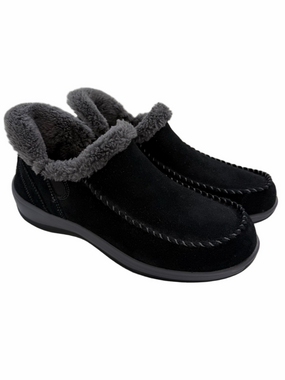 Orthofeet Lorin  Black Suede Slip Ins Slippers Hands Free Size 8 Faux Fur